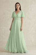 V - Neck Ruffled Sleeve A - Line Chiffon Bridesmaid Dress in Sage - KissProm Bridesmaid Dresses