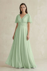 V - Neck Ruffled Sleeve A - Line Chiffon Bridesmaid Dress in Sage - KissProm Bridesmaid Dresses