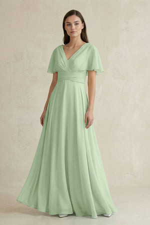 V - Neck Ruffled Sleeve A - Line Chiffon Bridesmaid Dress in Sage - KissProm Bridesmaid Dresses