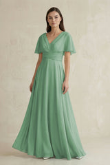 V - Neck Ruffled Sleeve A - Line Chiffon Bridesmaid Dress in Sea Glass - KissProm Bridesmaid Dresses