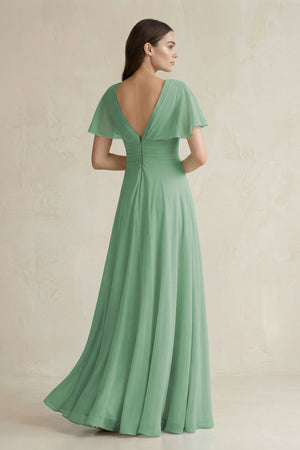 V - Neck Ruffled Sleeve A - Line Chiffon Bridesmaid Dress in Sea Glass - KissProm Bridesmaid Dresses