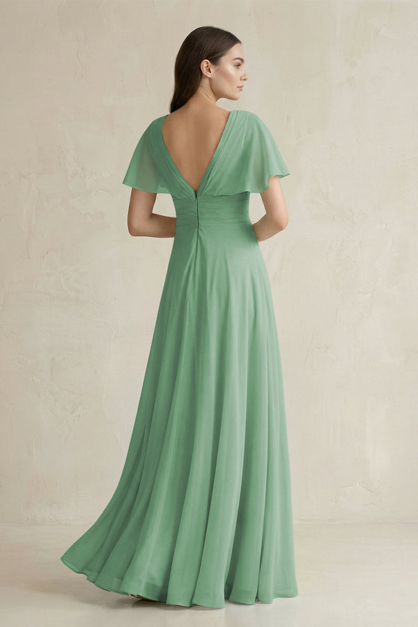 V - Neck Ruffled Sleeve A - Line Chiffon Bridesmaid Dress in Sea Glass - KissProm Bridesmaid Dresses