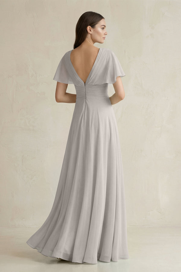 V - Neck Ruffled Sleeve A - Line Chiffon Bridesmaid Dress in Silver - KissProm Bridesmaid Dresses