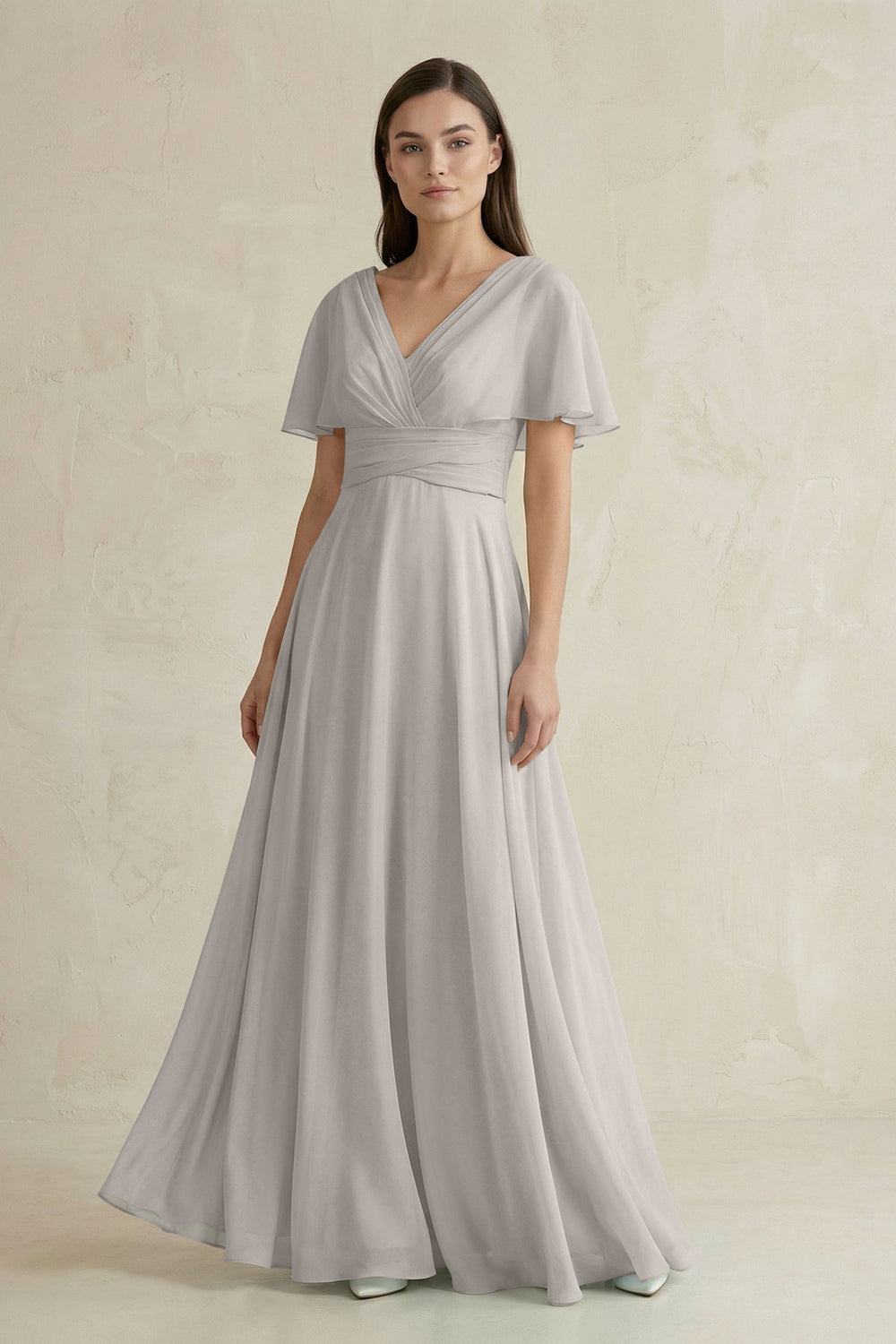 V - Neck Ruffled Sleeve A - Line Chiffon Bridesmaid Dress in Silver - KissProm Bridesmaid Dresses