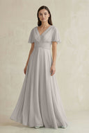 V - Neck Ruffled Sleeve A - Line Chiffon Bridesmaid Dress in Silver - KissProm Bridesmaid Dresses