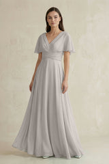 V - Neck Ruffled Sleeve A - Line Chiffon Bridesmaid Dress in Silver - KissProm Bridesmaid Dresses