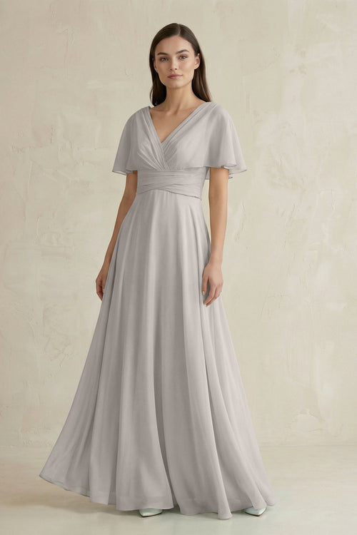 V - Neck Ruffled Sleeve A - Line Chiffon Bridesmaid Dress in Silver - KissProm Bridesmaid Dresses