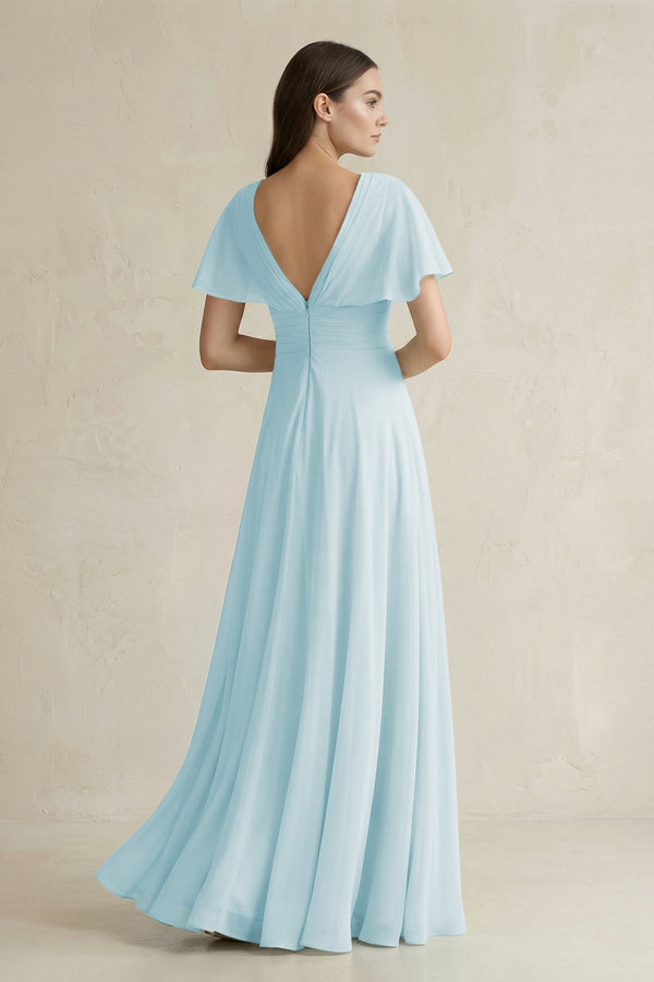 V - Neck Ruffled Sleeve A - Line Chiffon Bridesmaid Dress in Sky Blue - KissProm Bridesmaid Dresses