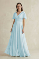 V - Neck Ruffled Sleeve A - Line Chiffon Bridesmaid Dress in Sky Blue - KissProm Bridesmaid Dresses