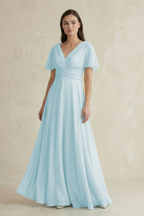 V - Neck Ruffled Sleeve A - Line Chiffon Bridesmaid Dress in Sky Blue - KissProm Bridesmaid Dresses