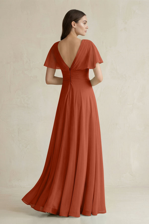 V - Neck Ruffled Sleeve A - Line Chiffon Bridesmaid Dress in Spice - KissProm Bridesmaid Dresses