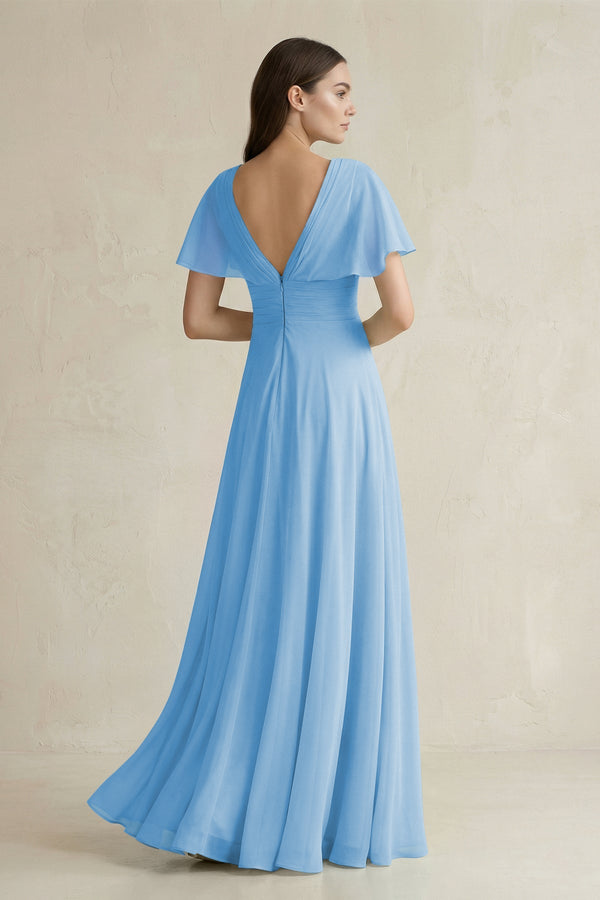 V - Neck Ruffled Sleeve A - Line Chiffon Bridesmaid Dress in Steel Blue - KissProm Bridesmaid Dresses