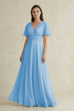 V - Neck Ruffled Sleeve A - Line Chiffon Bridesmaid Dress in Steel Blue - KissProm Bridesmaid Dresses