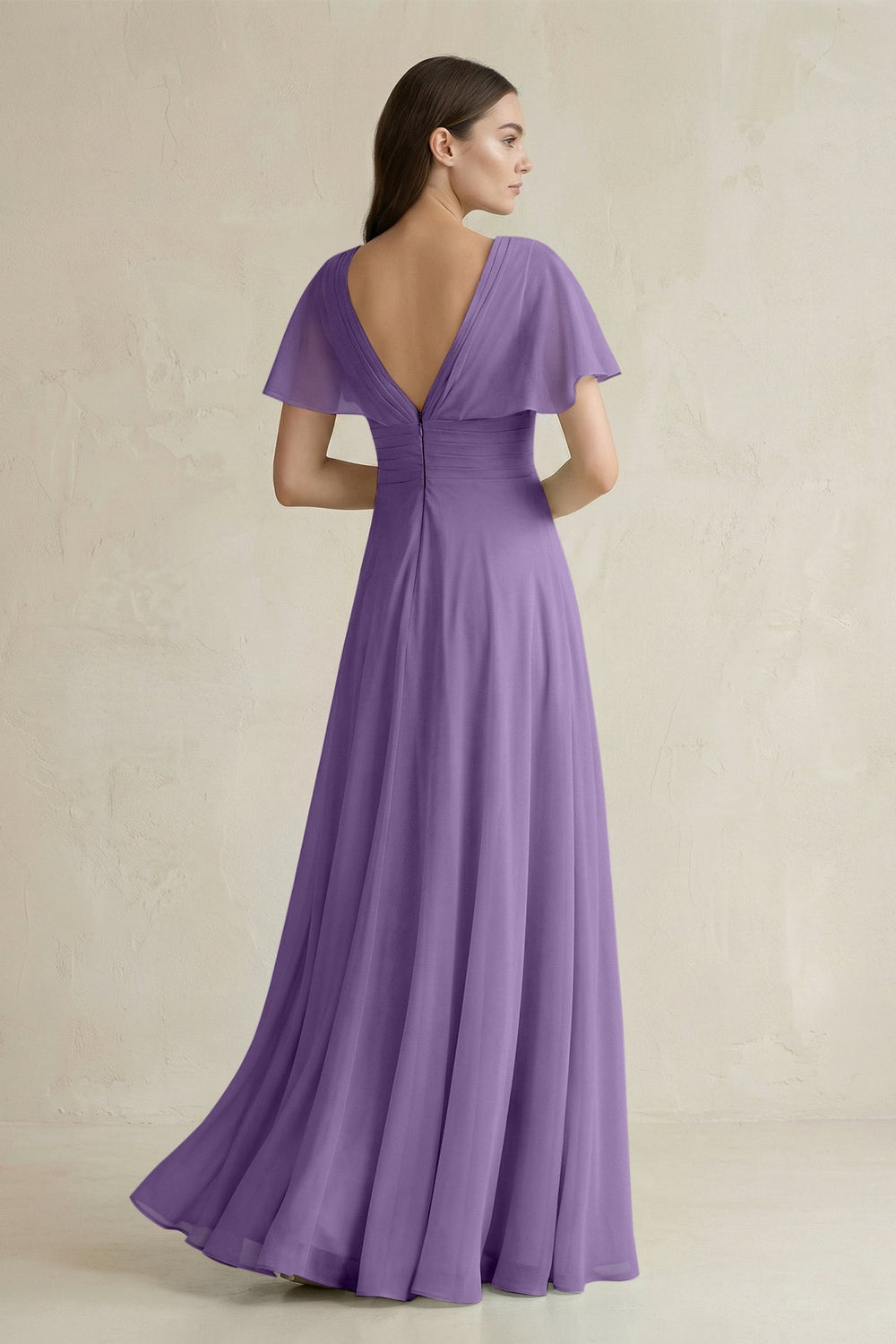 V - Neck Ruffled Sleeve A - Line Chiffon Bridesmaid Dress in Tahiti - KissProm Bridesmaid Dresses