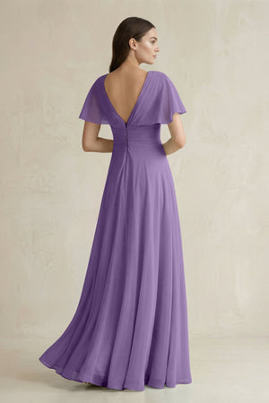 V - Neck Ruffled Sleeve A - Line Chiffon Bridesmaid Dress in Tahiti - KissProm Bridesmaid Dresses