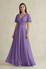 V - Neck Ruffled Sleeve A - Line Chiffon Bridesmaid Dress in Tahiti - KissProm Bridesmaid Dresses