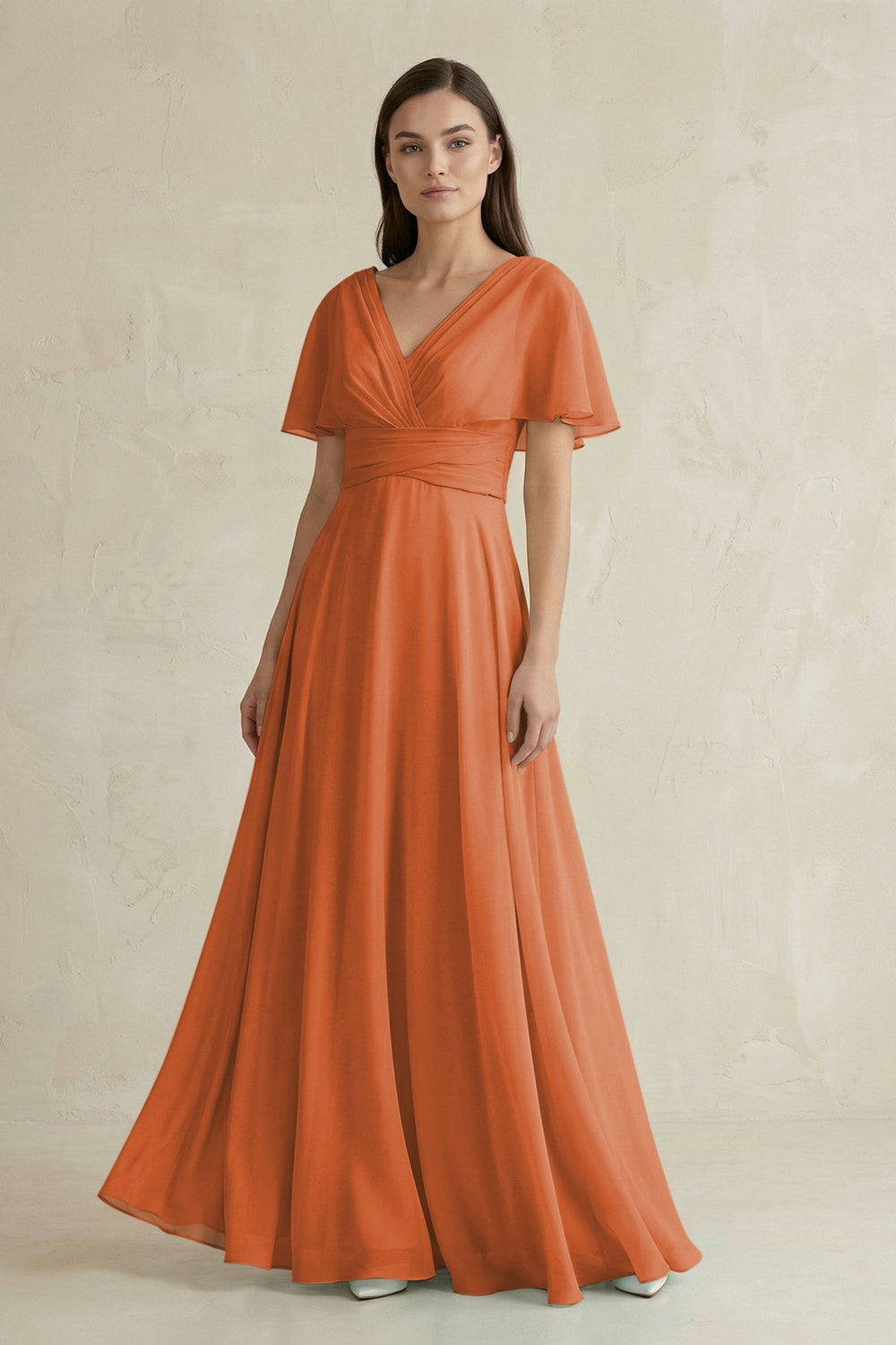 V - Neck Ruffled Sleeve A - Line Chiffon Bridesmaid Dress in Terracotta - KissProm Bridesmaid Dresses