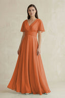 V - Neck Ruffled Sleeve A - Line Chiffon Bridesmaid Dress in Terracotta - KissProm Bridesmaid Dresses