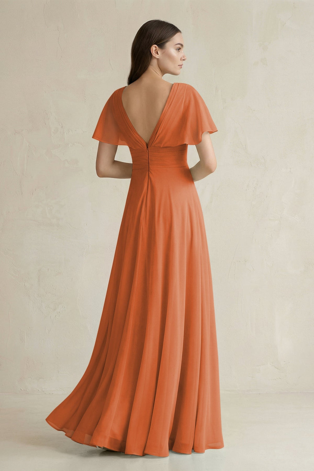 V - Neck Ruffled Sleeve A - Line Chiffon Bridesmaid Dress in Terracotta - KissProm Bridesmaid Dresses