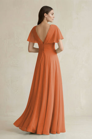 V - Neck Ruffled Sleeve A - Line Chiffon Bridesmaid Dress in Terracotta - KissProm Bridesmaid Dresses