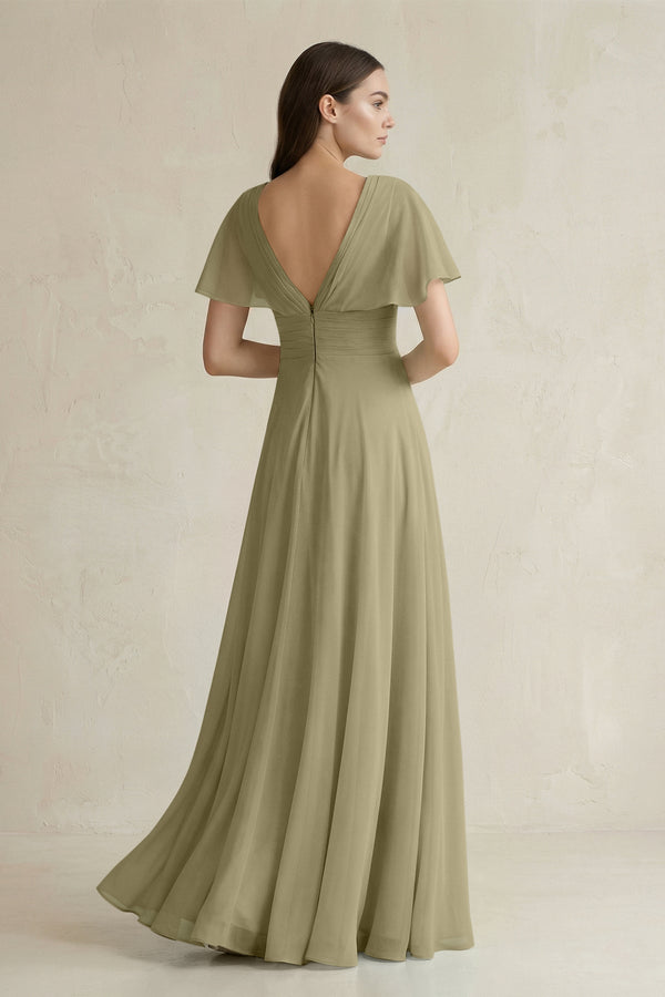 V - Neck Ruffled Sleeve A - Line Chiffon Bridesmaid Dress in Thyme - KissProm Bridesmaid Dresses