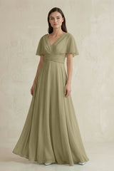 V - Neck Ruffled Sleeve A - Line Chiffon Bridesmaid Dress in Thyme - KissProm Bridesmaid Dresses