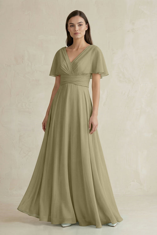 V - Neck Ruffled Sleeve A - Line Chiffon Bridesmaid Dress in Thyme - KissProm Bridesmaid Dresses