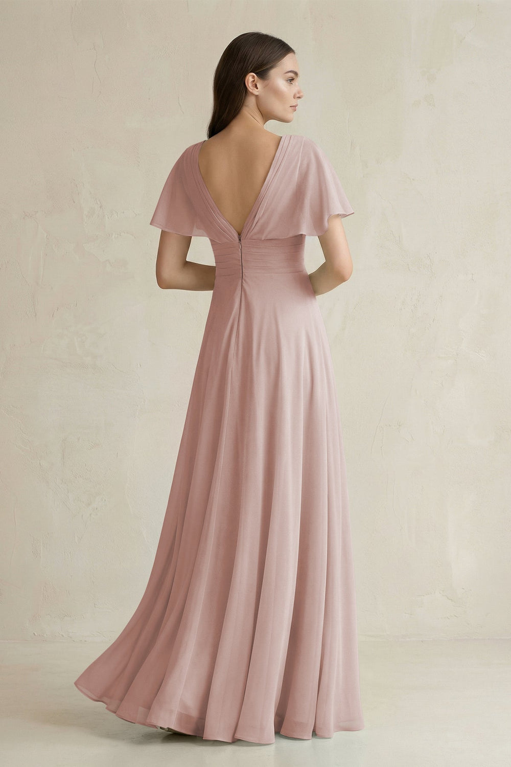 V - Neck Ruffled Sleeve A - Line Chiffon Bridesmaid Dress in Toffee - KissProm Bridesmaid Dresses