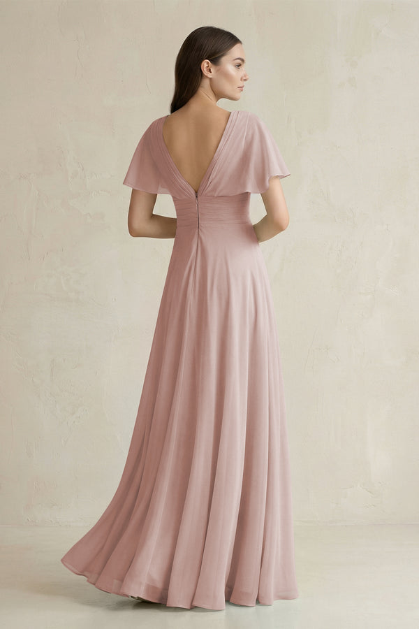 V - Neck Ruffled Sleeve A - Line Chiffon Bridesmaid Dress in Toffee - KissProm Bridesmaid Dresses