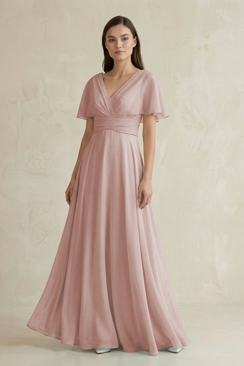 V - Neck Ruffled Sleeve A - Line Chiffon Bridesmaid Dress in Toffee - KissProm Bridesmaid Dresses