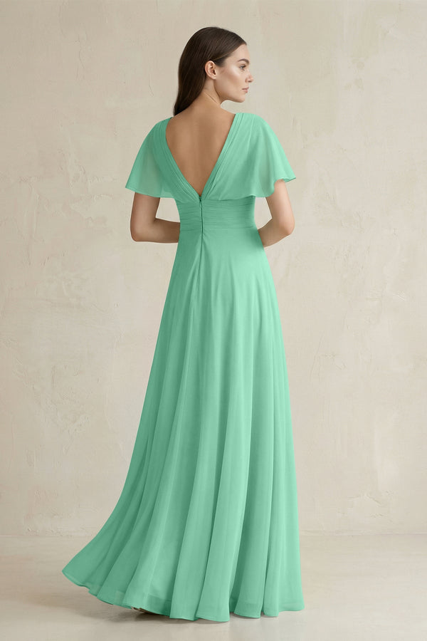V - Neck Ruffled Sleeve A - Line Chiffon Bridesmaid Dress in Turquoise - KissProm Bridesmaid Dresses