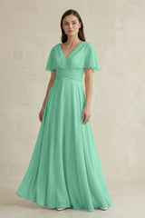 V - Neck Ruffled Sleeve A - Line Chiffon Bridesmaid Dress in Turquoise - KissProm Bridesmaid Dresses