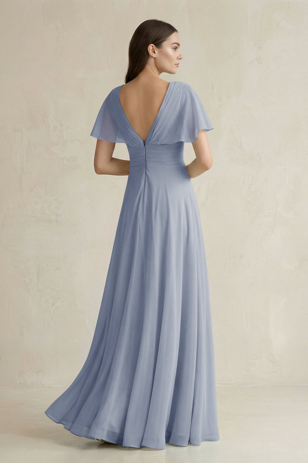 V - Neck Ruffled Sleeve A - Line Chiffon Bridesmaid Dress in Twilight - KissProm Bridesmaid Dresses