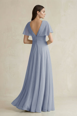 V - Neck Ruffled Sleeve A - Line Chiffon Bridesmaid Dress in Twilight - KissProm Bridesmaid Dresses