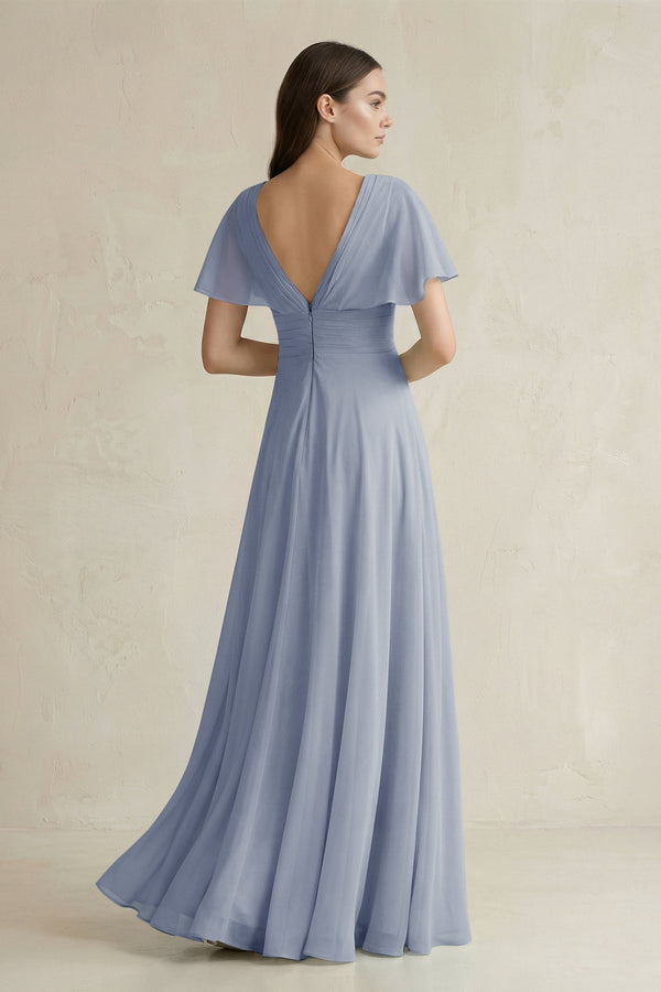 V - Neck Ruffled Sleeve A - Line Chiffon Bridesmaid Dress in Twilight - KissProm Bridesmaid Dresses