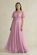 V - Neck Ruffled Sleeve A - Line Chiffon Bridesmaid Dress in Vintage Mauve - KissProm Bridesmaid Dresses