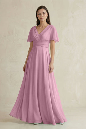 V - Neck Ruffled Sleeve A - Line Chiffon Bridesmaid Dress in Vintage Mauve - KissProm Bridesmaid Dresses