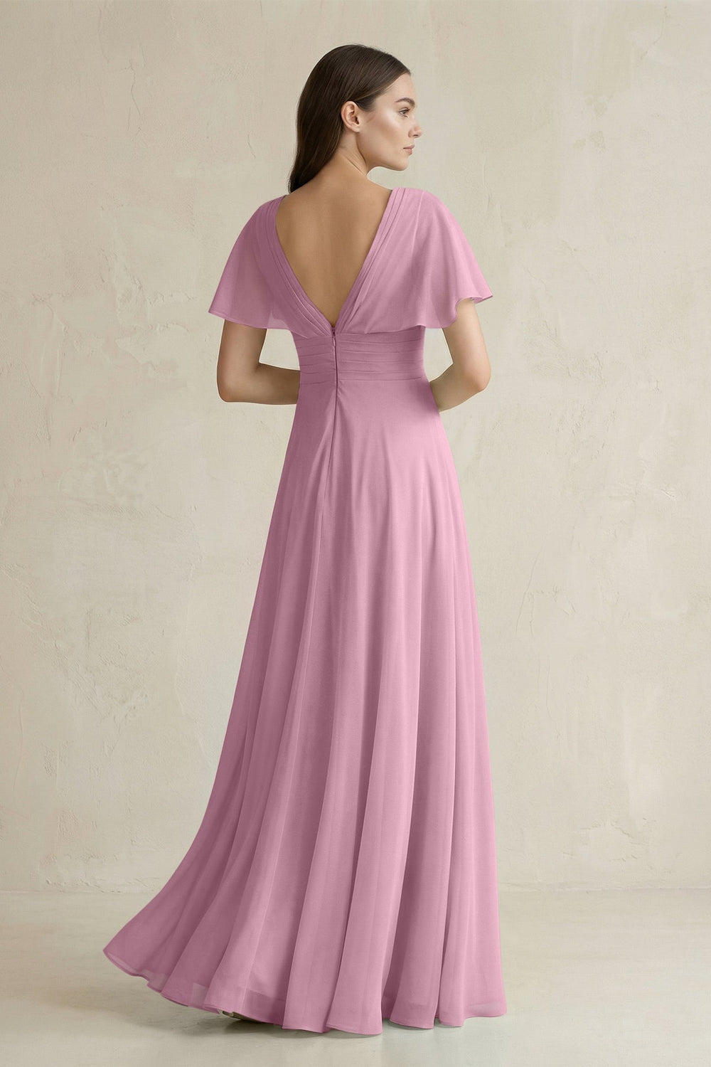V - Neck Ruffled Sleeve A - Line Chiffon Bridesmaid Dress in Vintage Mauve - KissProm Bridesmaid Dresses