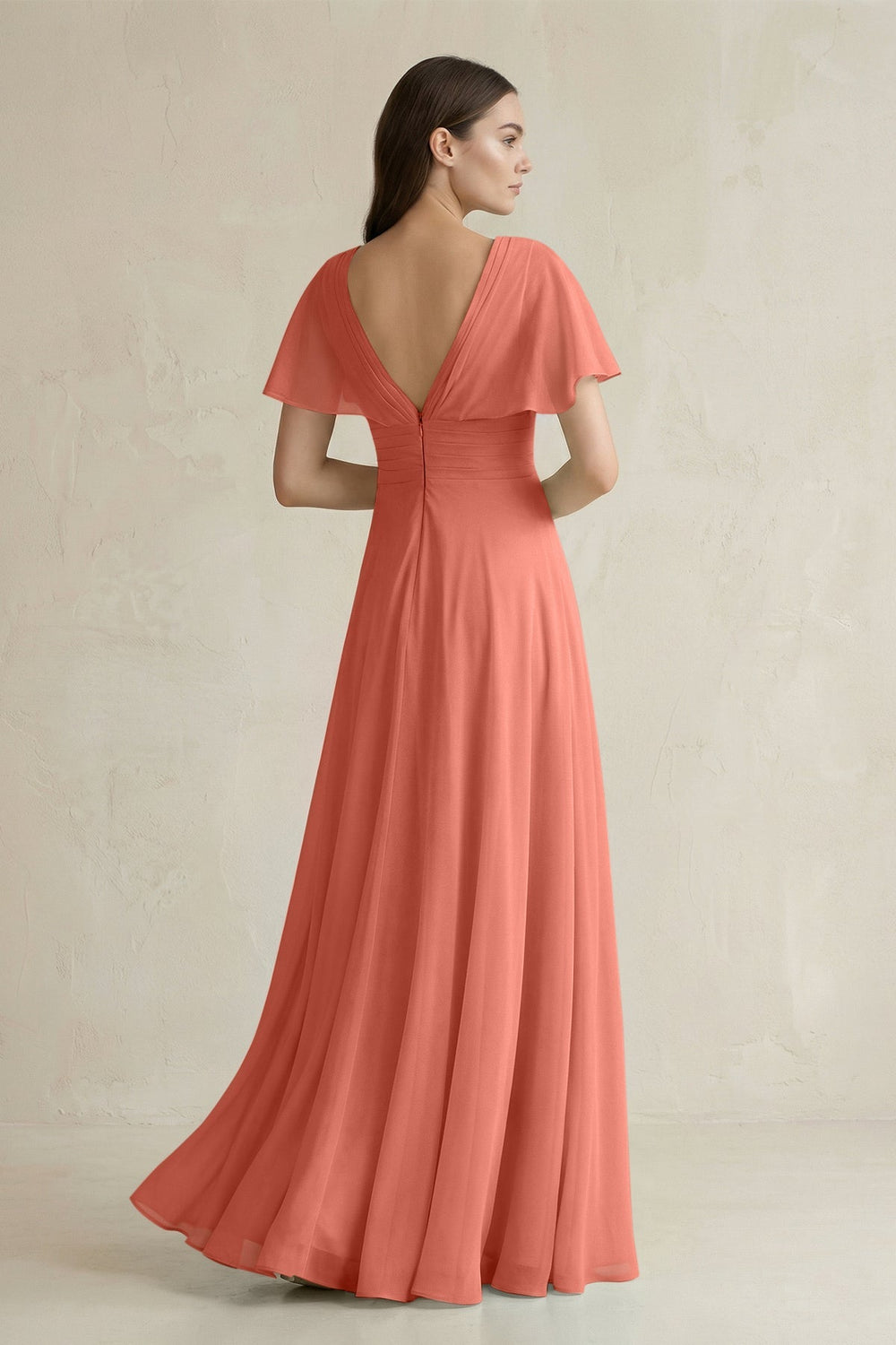 V - Neck Ruffled Sleeve A - Line Chiffon Bridesmaid Dress in Wild Rose - KissProm Bridesmaid Dresses
