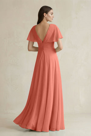 V - Neck Ruffled Sleeve A - Line Chiffon Bridesmaid Dress in Wild Rose - KissProm Bridesmaid Dresses