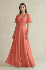 V - Neck Ruffled Sleeve A - Line Chiffon Bridesmaid Dress in Wild Rose - KissProm Bridesmaid Dresses