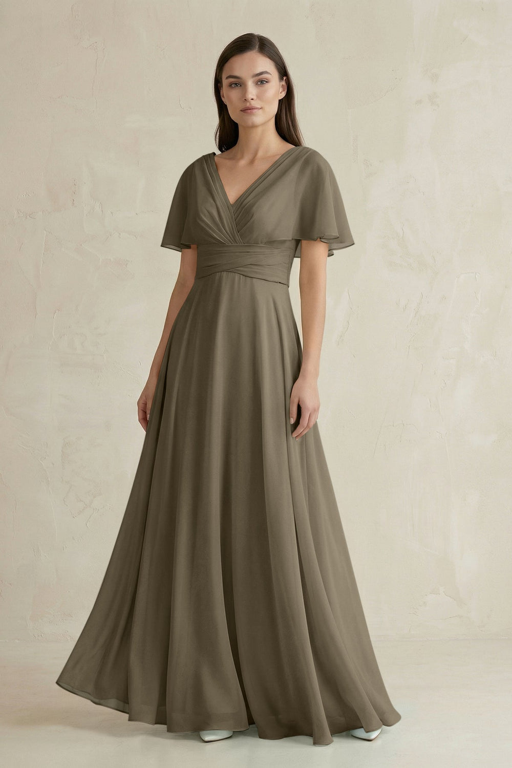 V - Neck Ruffled Sleeve A - Line Chiffon Bridesmaid Dress in Willow Green - KissProm Bridesmaid Dresses