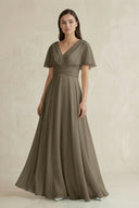 V - Neck Ruffled Sleeve A - Line Chiffon Bridesmaid Dress in Willow Green - KissProm Bridesmaid Dresses