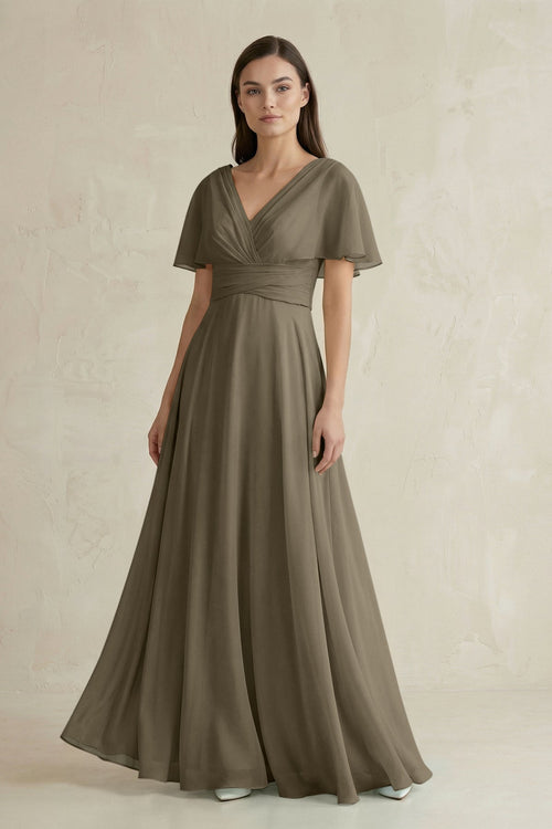 V - Neck Ruffled Sleeve A - Line Chiffon Bridesmaid Dress in Willow Green - KissProm Bridesmaid Dresses