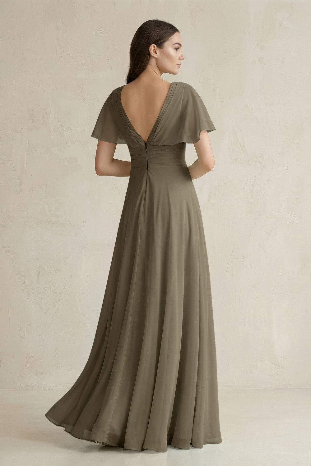 V - Neck Ruffled Sleeve A - Line Chiffon Bridesmaid Dress in Willow Green - KissProm Bridesmaid Dresses