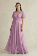 V - Neck Ruffled Sleeve A - Line Chiffon Bridesmaid Dress in Wisteria - KissProm Bridesmaid Dresses