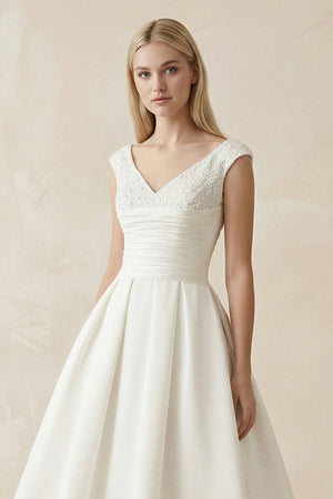 V - Neck Satin A - Line Midi Beaded Wedding Dress in White - KissProm Wedding Dresses