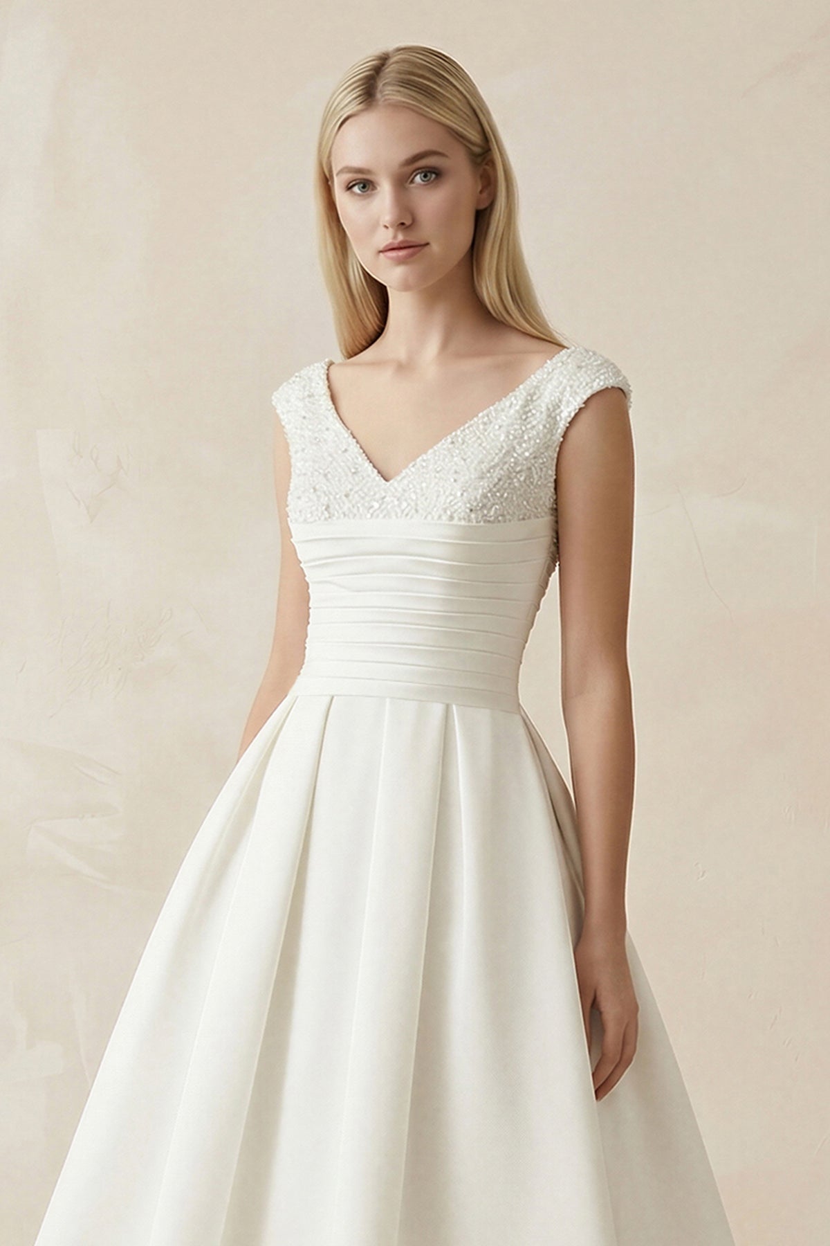 white beaded dress midi V-Neck Satin A-Line Midi Beaded Wedding Dress in White, White / Custom Size( Free )