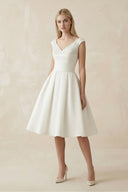 V - Neck Satin A - Line Midi Beaded Wedding Dress in White - KissProm Wedding Dresses