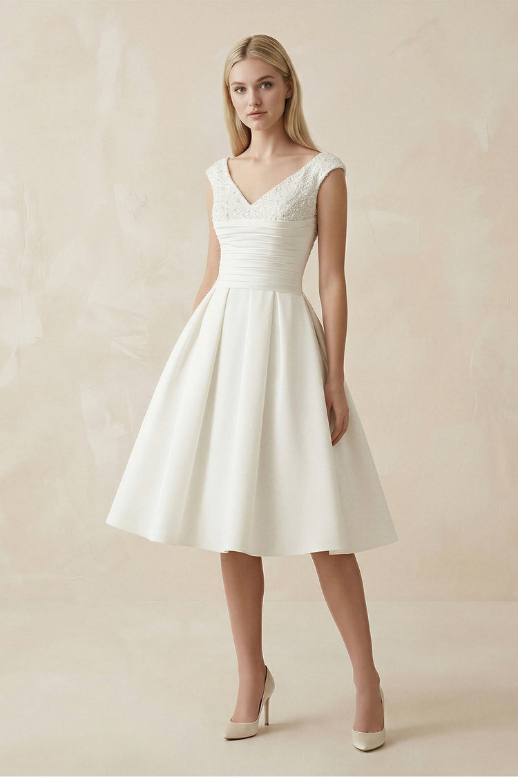 KissProm V-Neck Satin A-Line Midi Beaded Wedding Dress in White, White / Custom Size( Free )